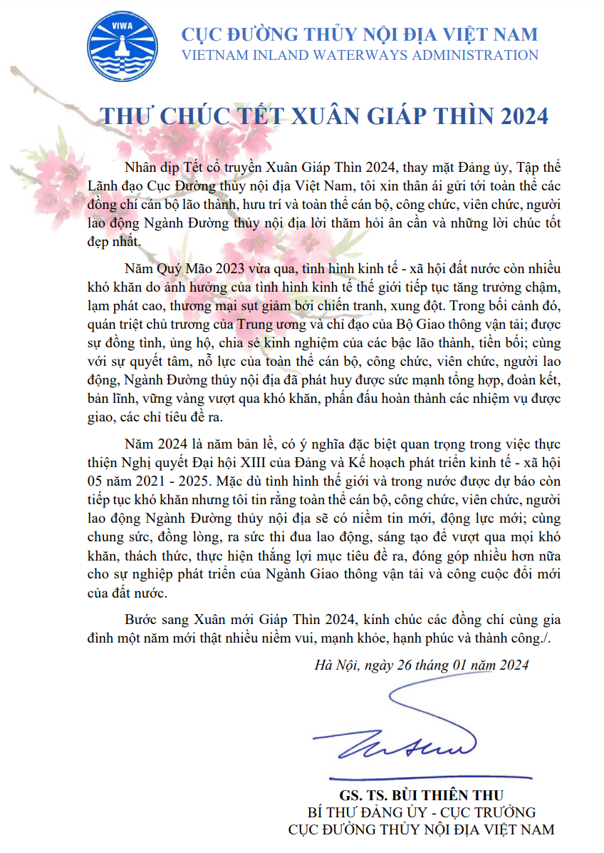 Thư chúc Tết Xuân Giáp Thìn 2024 của Cục trưởng Cục Đường thủy nội địa Việt Nam